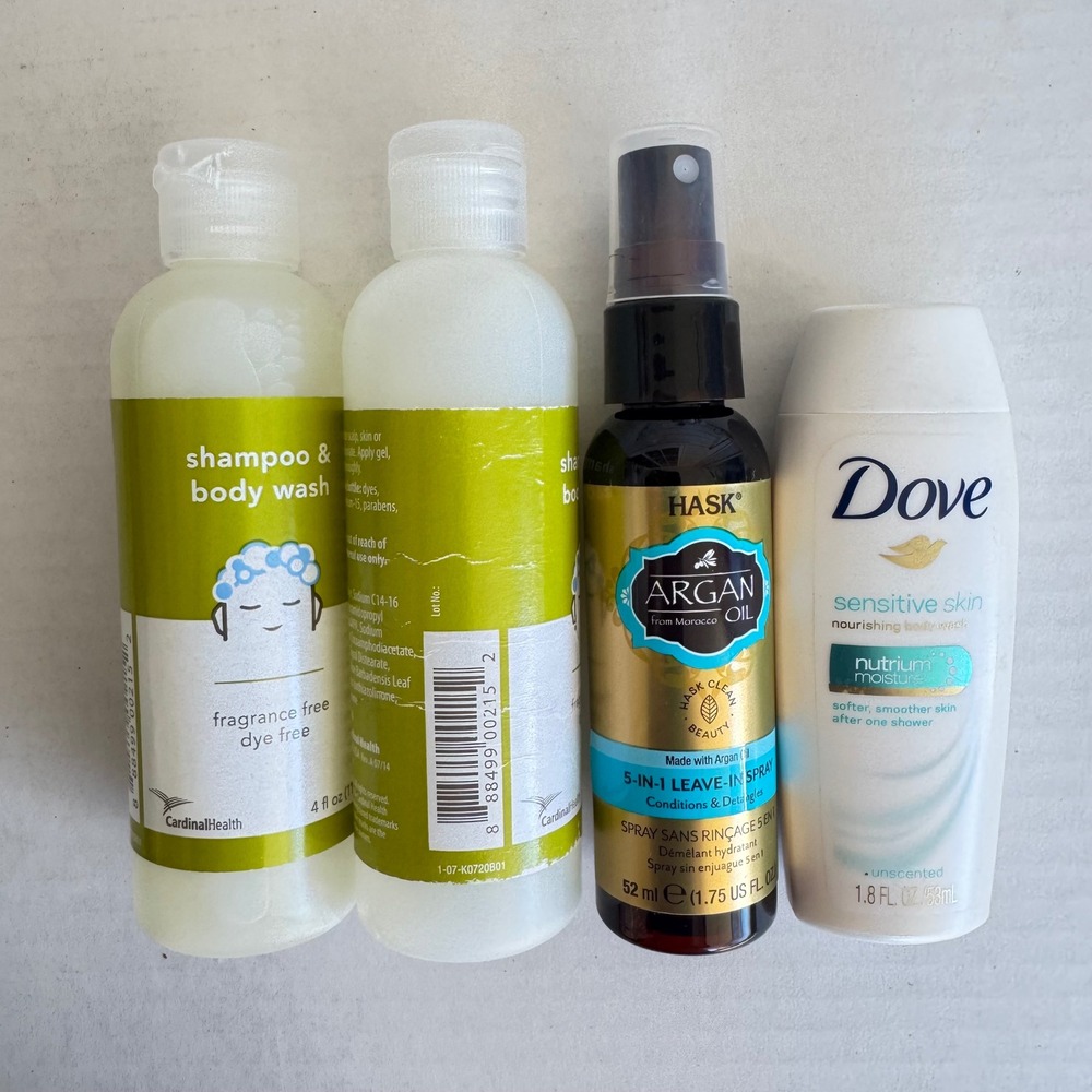 Travel Size Toiletries Bundle Dove Hask Argan‎ Oil Cardinal Health Shampoo Body